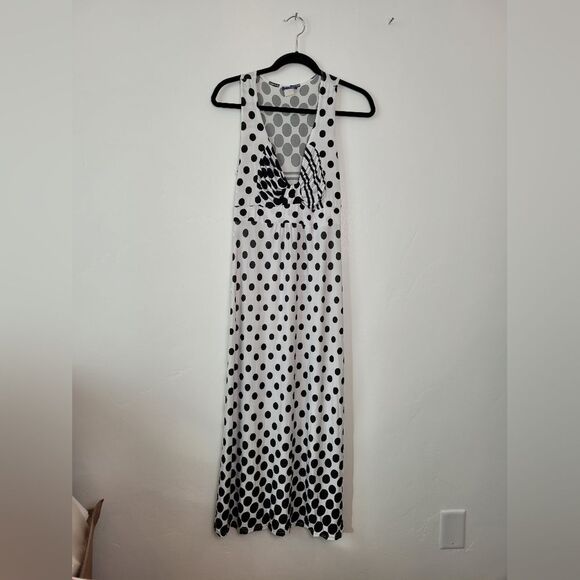 Blue Papaya Maxi Dress Polka Dot Black White Pinup Empire Waist Modest Small - Picture 5 of 9